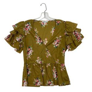 Floral Ruffle Sleeve Top - Olive Green